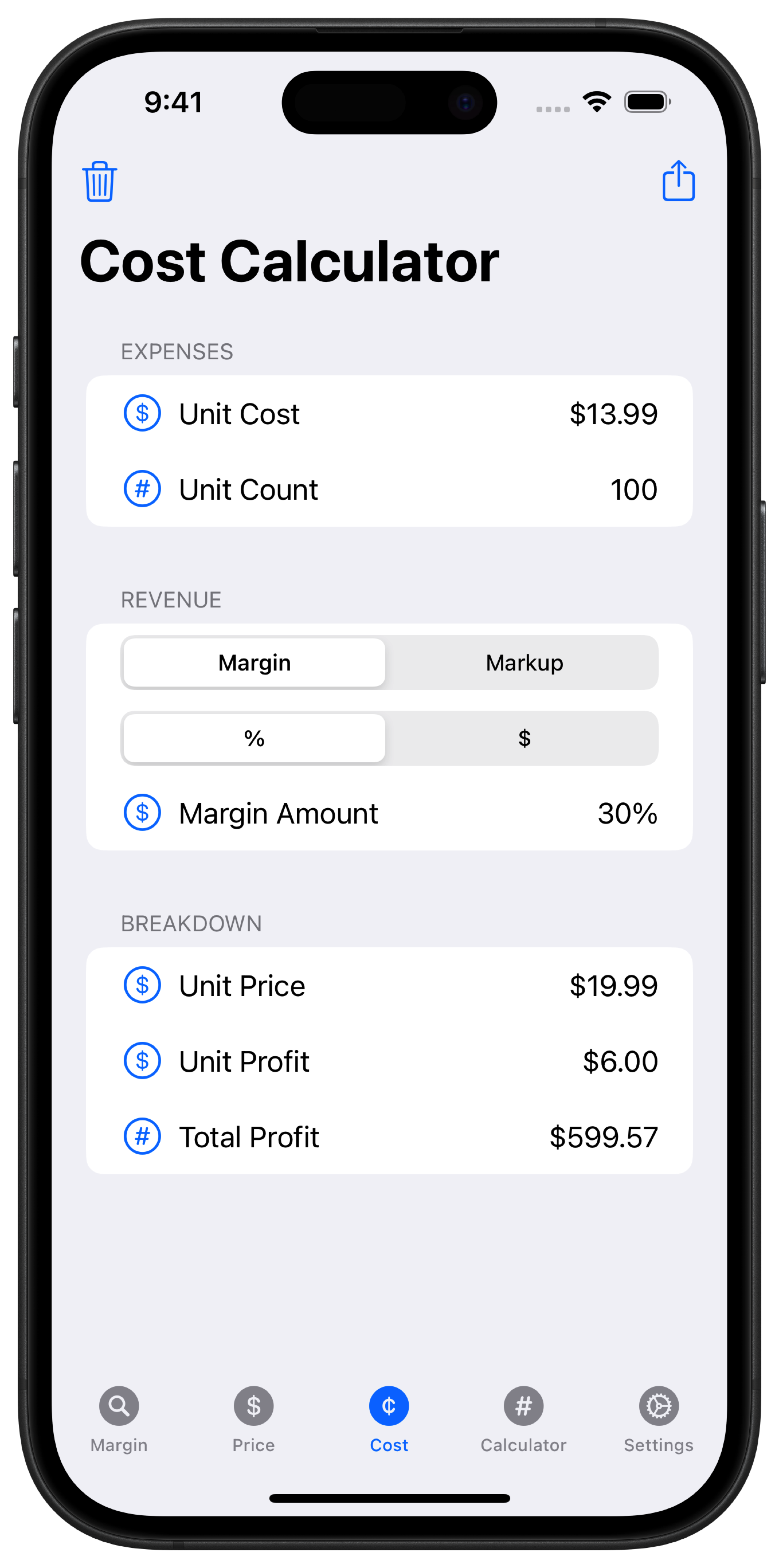 Margin Finder Cost Calculator